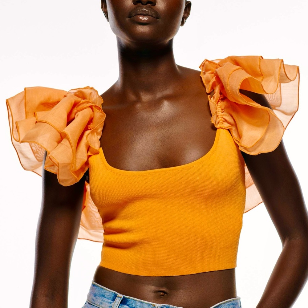 ZARA ORANGE ORGANZA RUFFLE TOP SHIRT